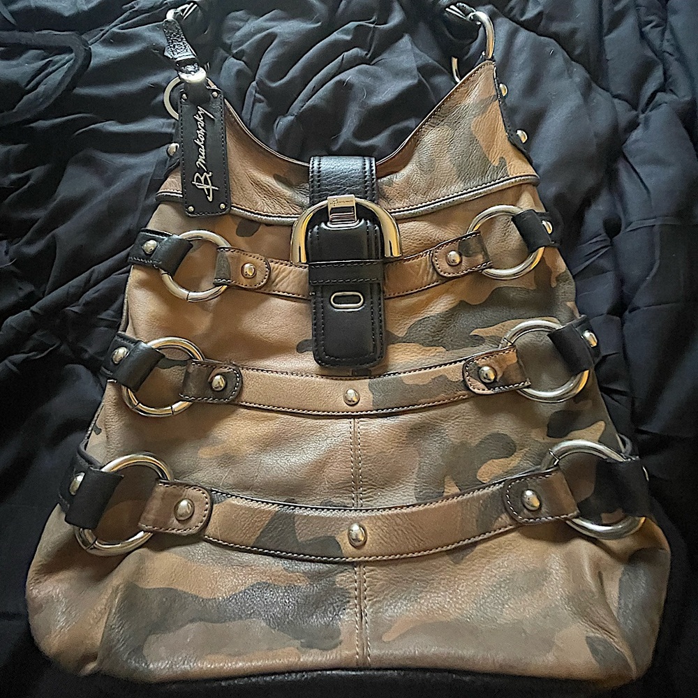 Distressed Camo Leather Hobo Bag with Buckle Accent